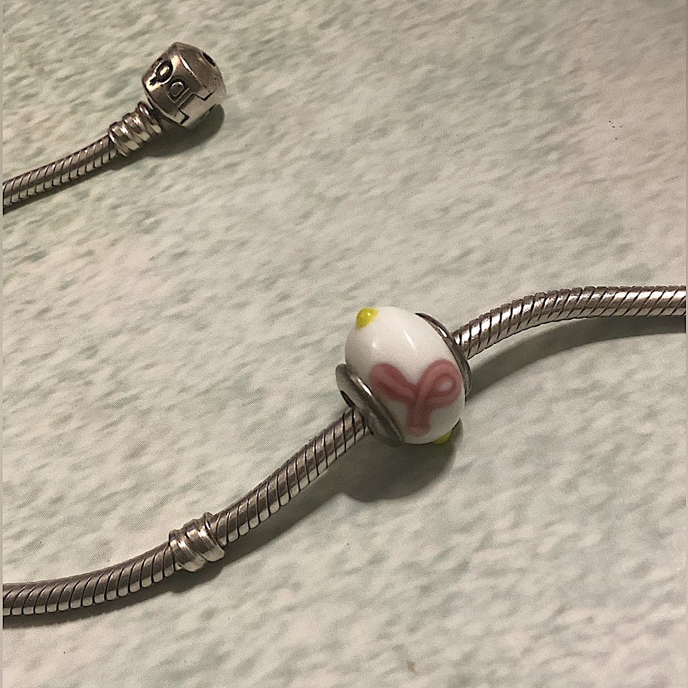 Charm Bracelet Breast Cancer Pink Ribbon 3D Yellow Dots Charm